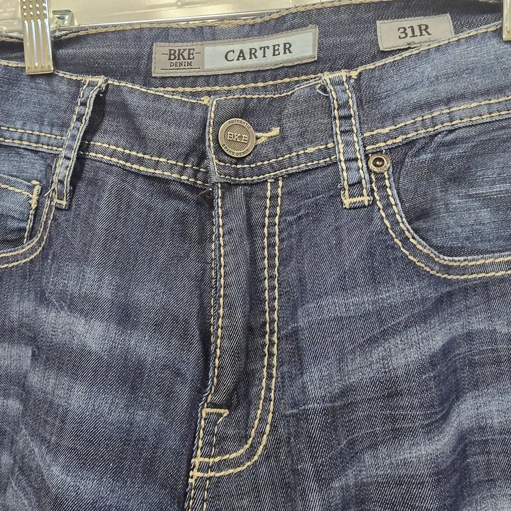 BKE Buckle Carter Straight Jeans Size 31 R   Mens Blue Denim Cotton Thick Stitch